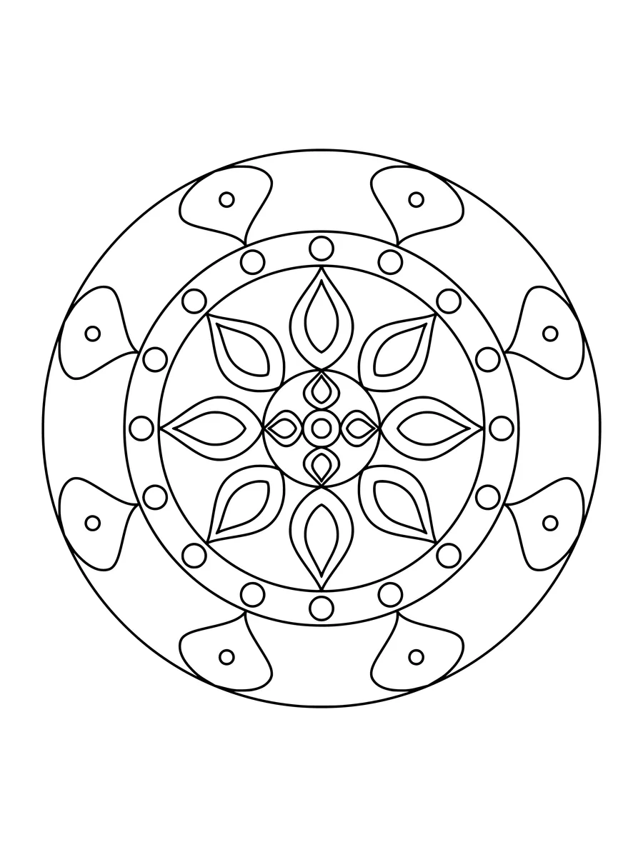Easy flower mandala with big petal and scalloped rings, an easy bold-line colouring page for kids to print or colour online