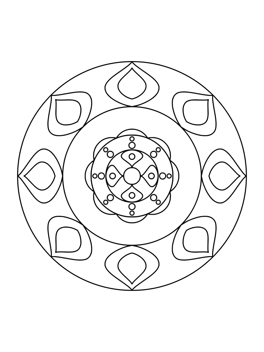 Easy heart mandala with heart and petal rings, an easy bold-line coloring page for kids to print or color online