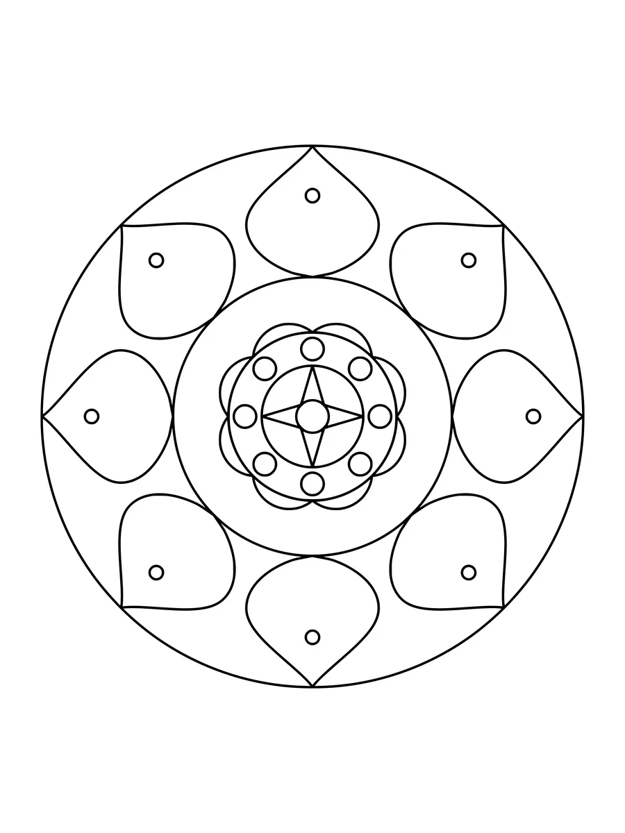 Easy sun mandala with sunray and scalloped rings, an easy bold-line coloring page for kids to print or color online