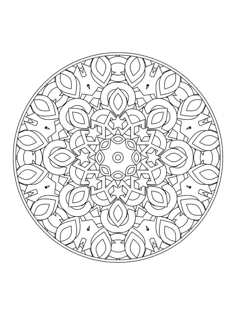 Kaleidoscope with mirrored diamond and star shapes, a medium-detail coloring page to print or color online