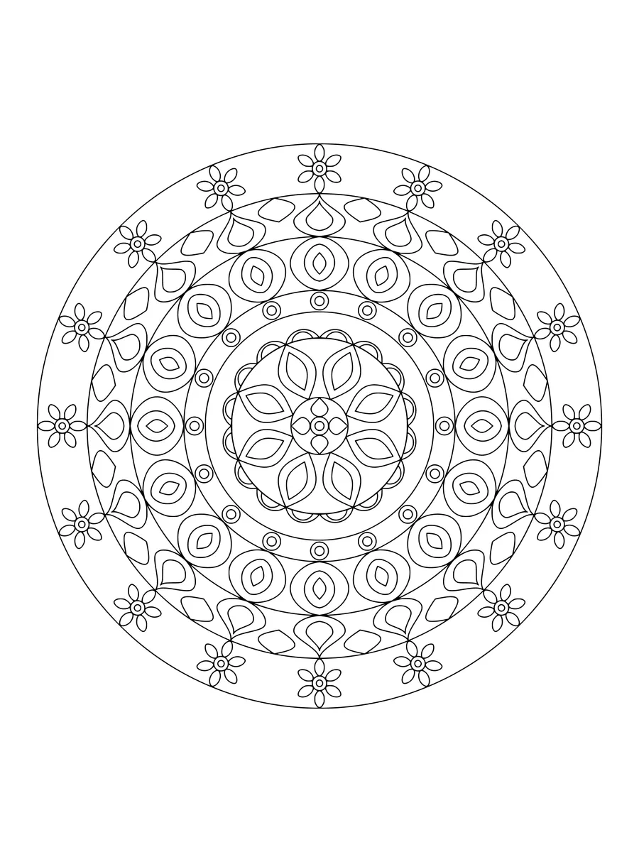 16-fold blossom mandala with petal and scalloped rings, a detailed colouring page for adults to print or colour online