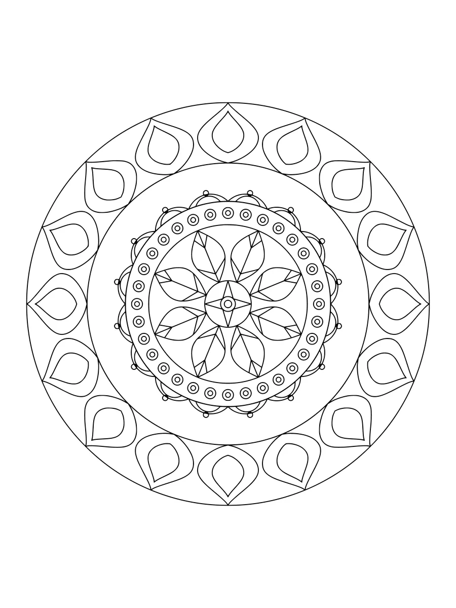 Lotus mandala with leaf and scalloped rings, a medium-detail coloring page to print or color online