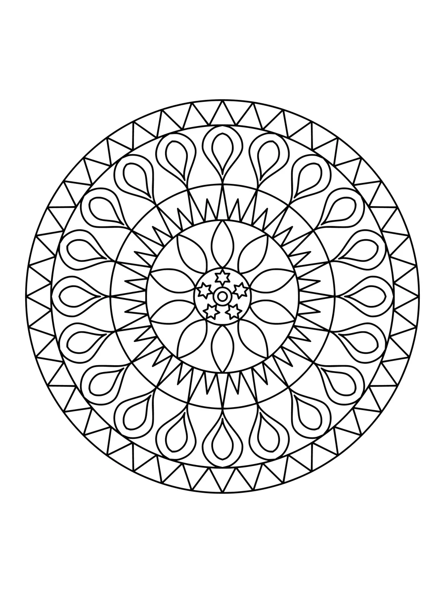 Sunburst mandala with petal and sunburst rings, an easy bold-line coloring page to print or color online